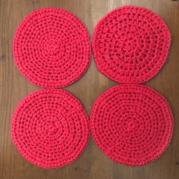 Hand Crafted Crochet Table Coasters Red One Set of 4 - Picture 1 of 7
